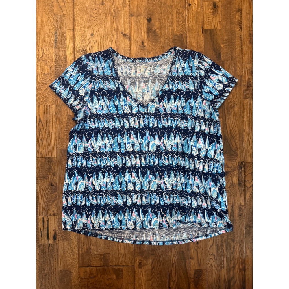 New Lilly Pulitzer Etta V-Neck Shirt Low Tide Navy Sails And Stripes Size XL